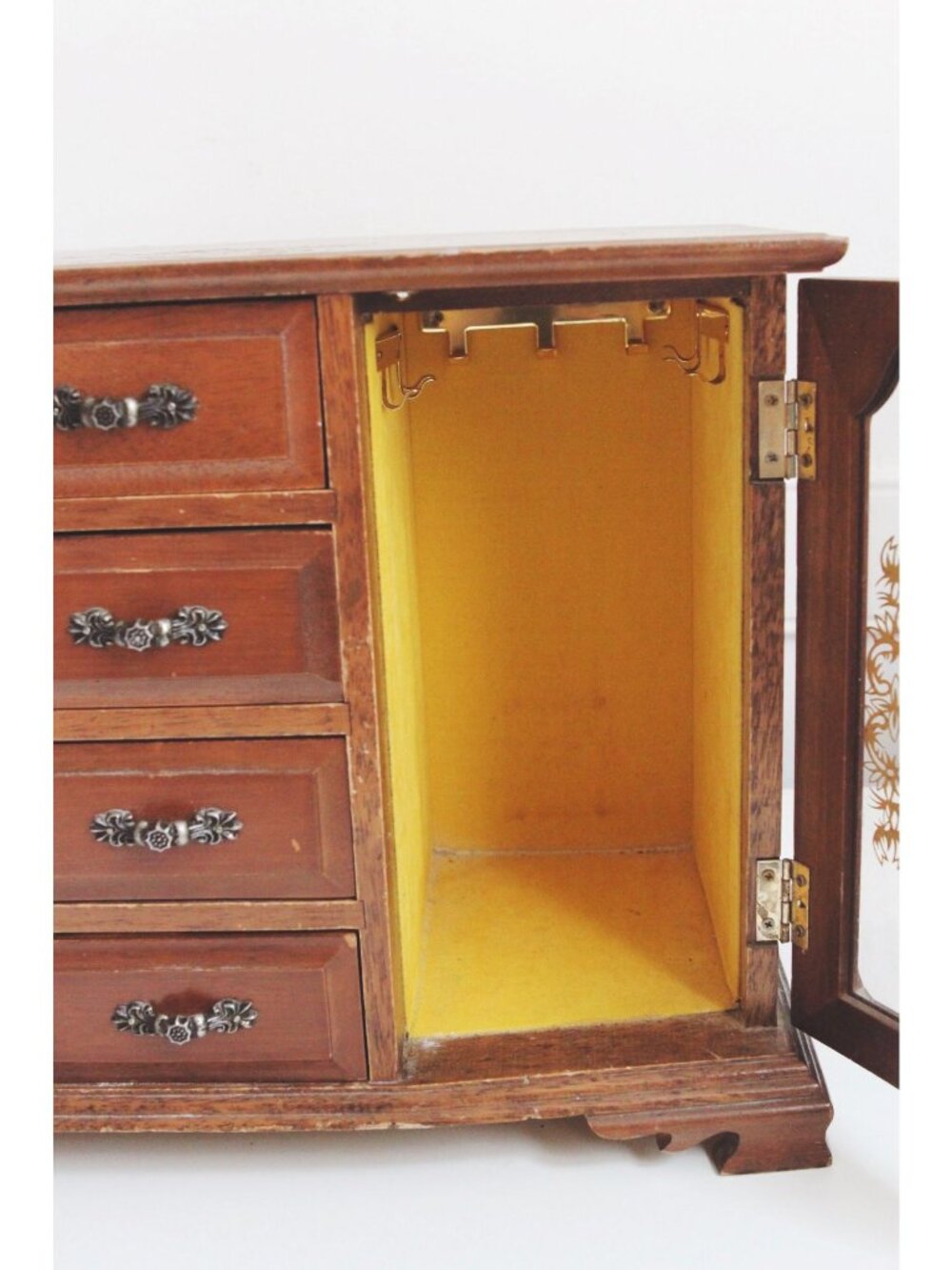 Vintage Wooden Jewelry Box Armoire London Leather - Ornate Glass Doors - Mid Cen - Picture 4 of 8